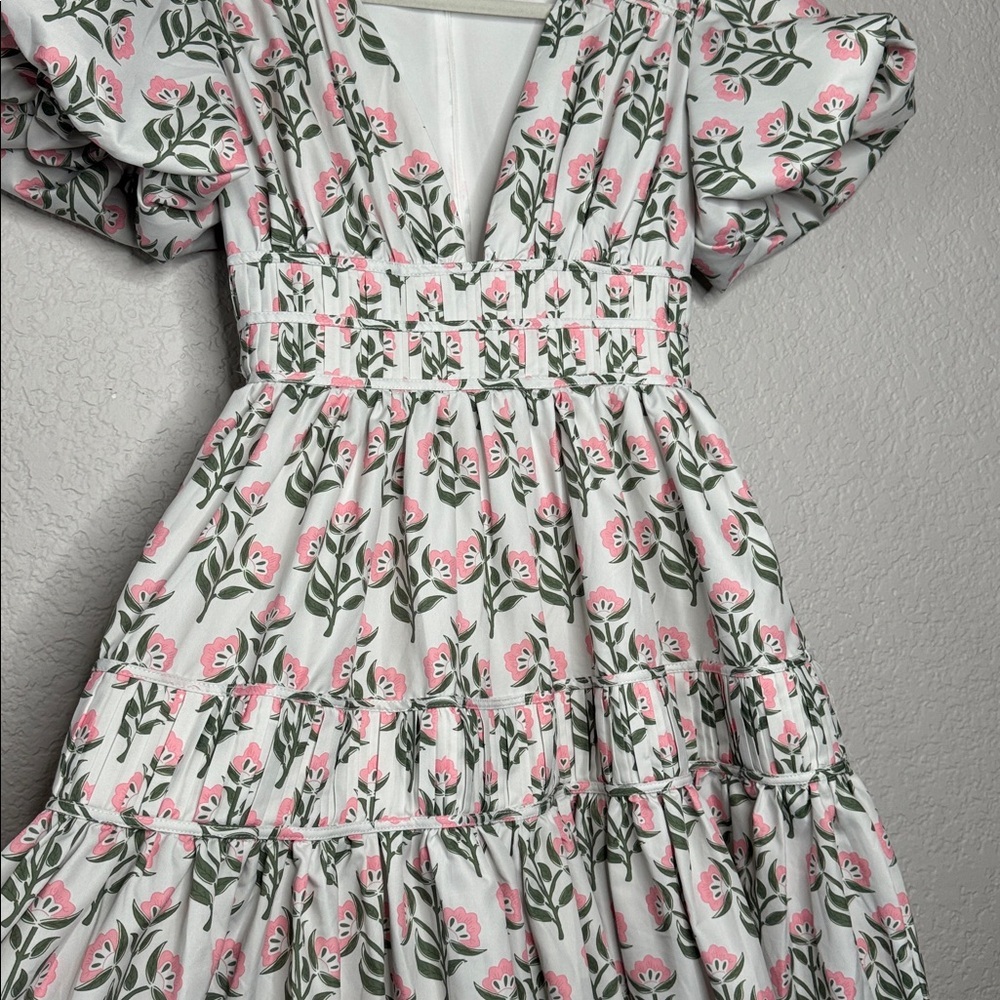 Fancy D White Tiered Floral Puff Sleeve Garden Party Midi Maxi Dress Size Small - Picture 4 of 8